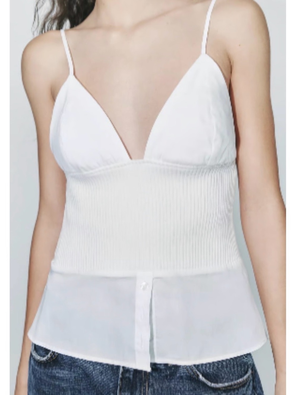 Zara White Ribbed Spaghetti-Strap Tank Top